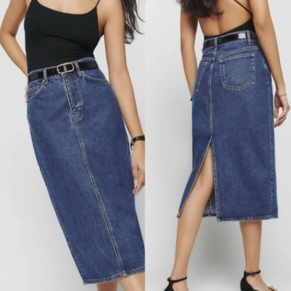 Size 30 - NWT Reformation Jayde High Rise Midi Jean Skirt - Picture 1 of 16